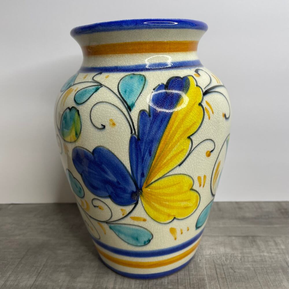 Vintage PIER ONE Italy Blue Yellow Floral Ceramic Crackle Glaze Vase 8 inch